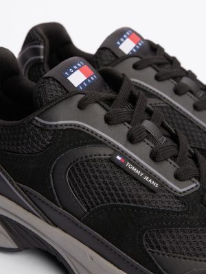 black colour-blocked mixed texture trainers for men tommy jeans