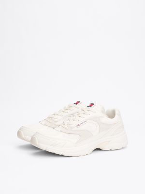 white colour-blocked mixed texture trainers for men tommy jeans