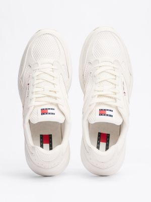 white colour-blocked mixed texture trainers for men tommy jeans