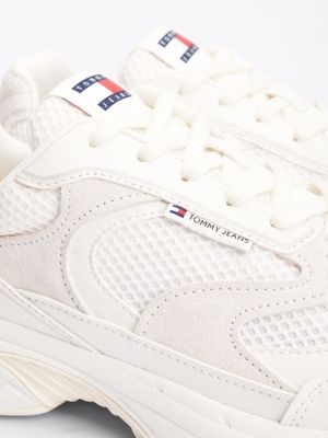 white colour-blocked mixed texture trainers for men tommy jeans