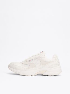 white colour-blocked mixed texture trainers for men tommy jeans