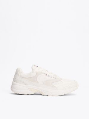 white colour-blocked mixed texture trainers for men tommy jeans