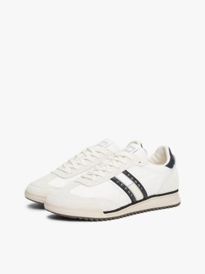 white retro leather mixed texture cleat trainers for men tommy jeans