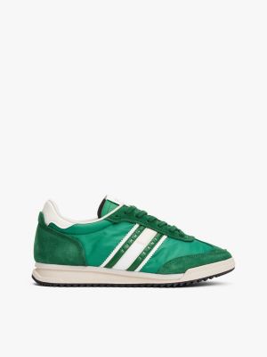 sneakers rétro in pelle con mix di texture green da uomini tommy jeans