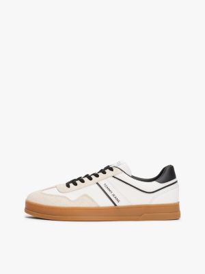white the greenwich mixed texture trainers with leather for men tommy jeans