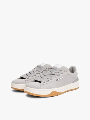 grey logo suede trainers for men tommy jeans