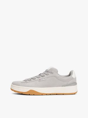 grey logo suede trainers for men tommy jeans