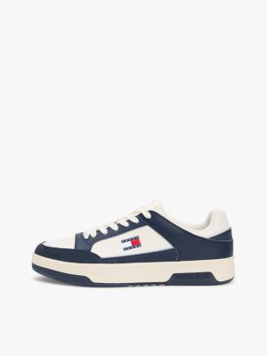 white leather mixed texture cupsole trainers for men tommy jeans