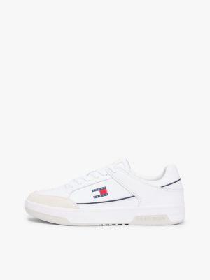white leather mixed texture cupsole trainers for men tommy jeans