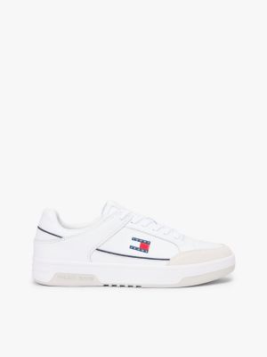 white leather mixed texture cupsole trainers for men tommy jeans