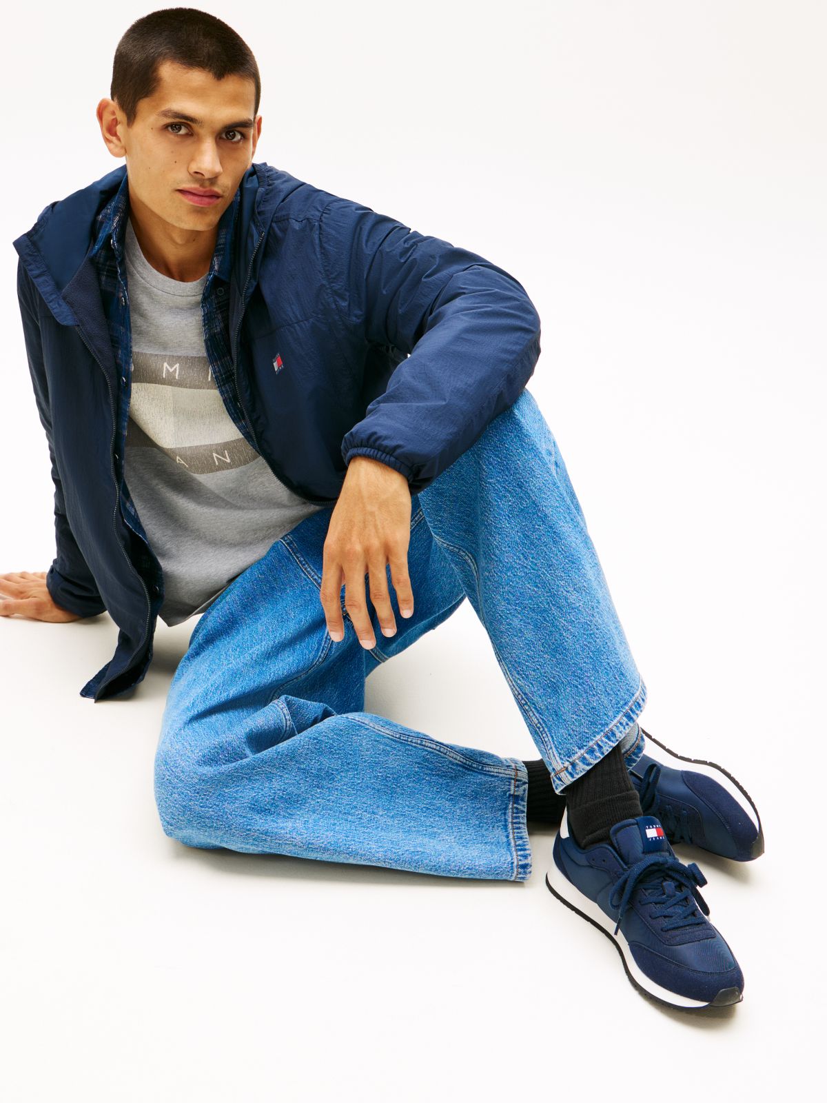 Logo Mixed Texture Trainers — Blue