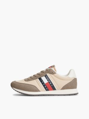 beige logo mixed texture trainers for men tommy jeans