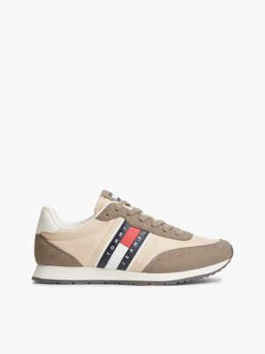 beige logo mixed texture trainers for men tommy jeans