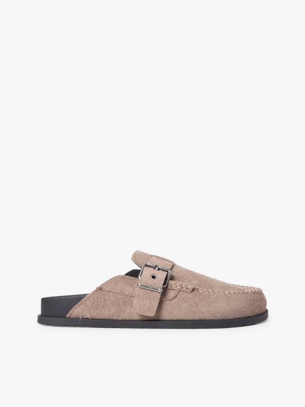 Textured Washed Suede Loafer Mules — Brown