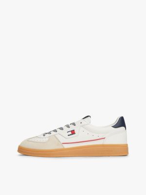 white the greenwich logo leather trainers for men tommy jeans
