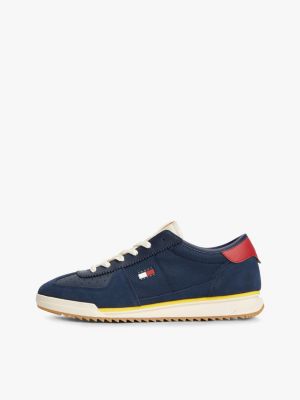 blue retro leather mixed texture serrated trainers for men tommy jeans