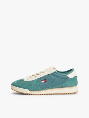green retro leather mixed texture serrated trainers for men tommy jeans