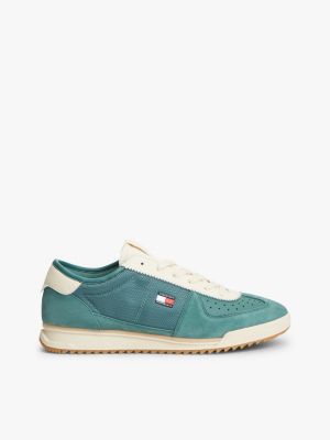 green retro leather mixed texture serrated trainers for men tommy jeans