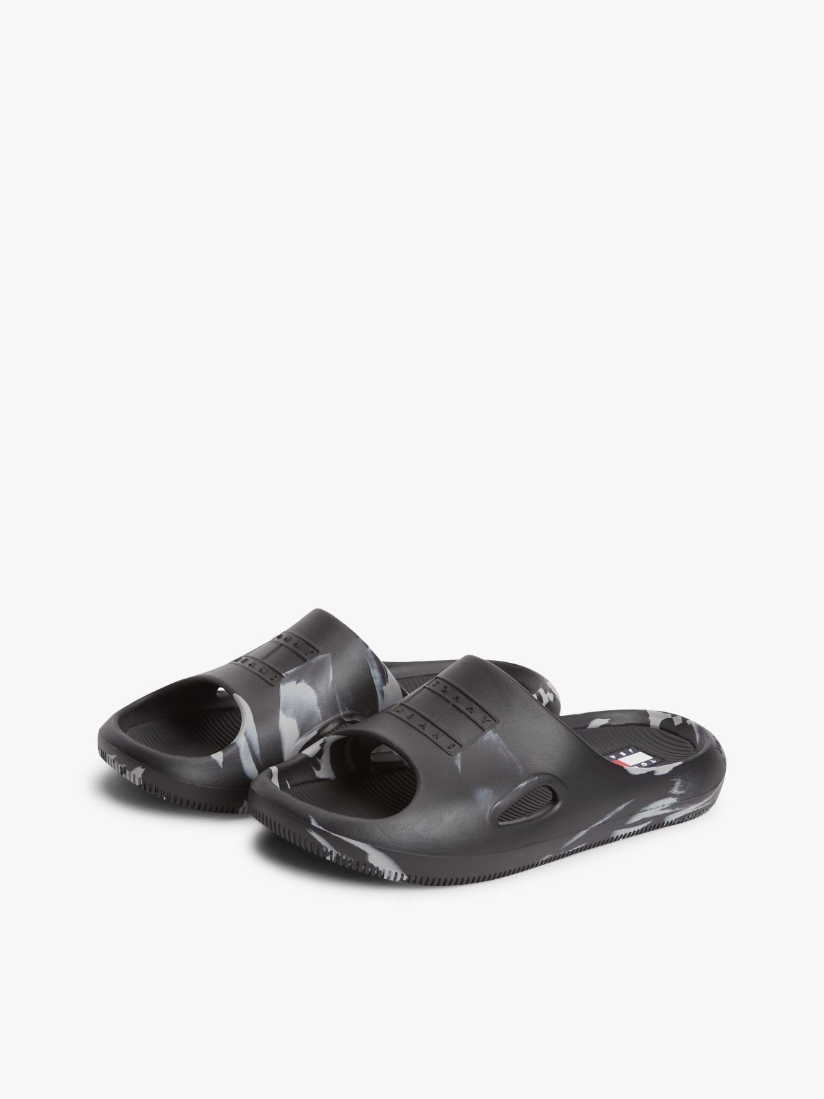Embossed Fine Cleat Cutout Marbled Slides — Black