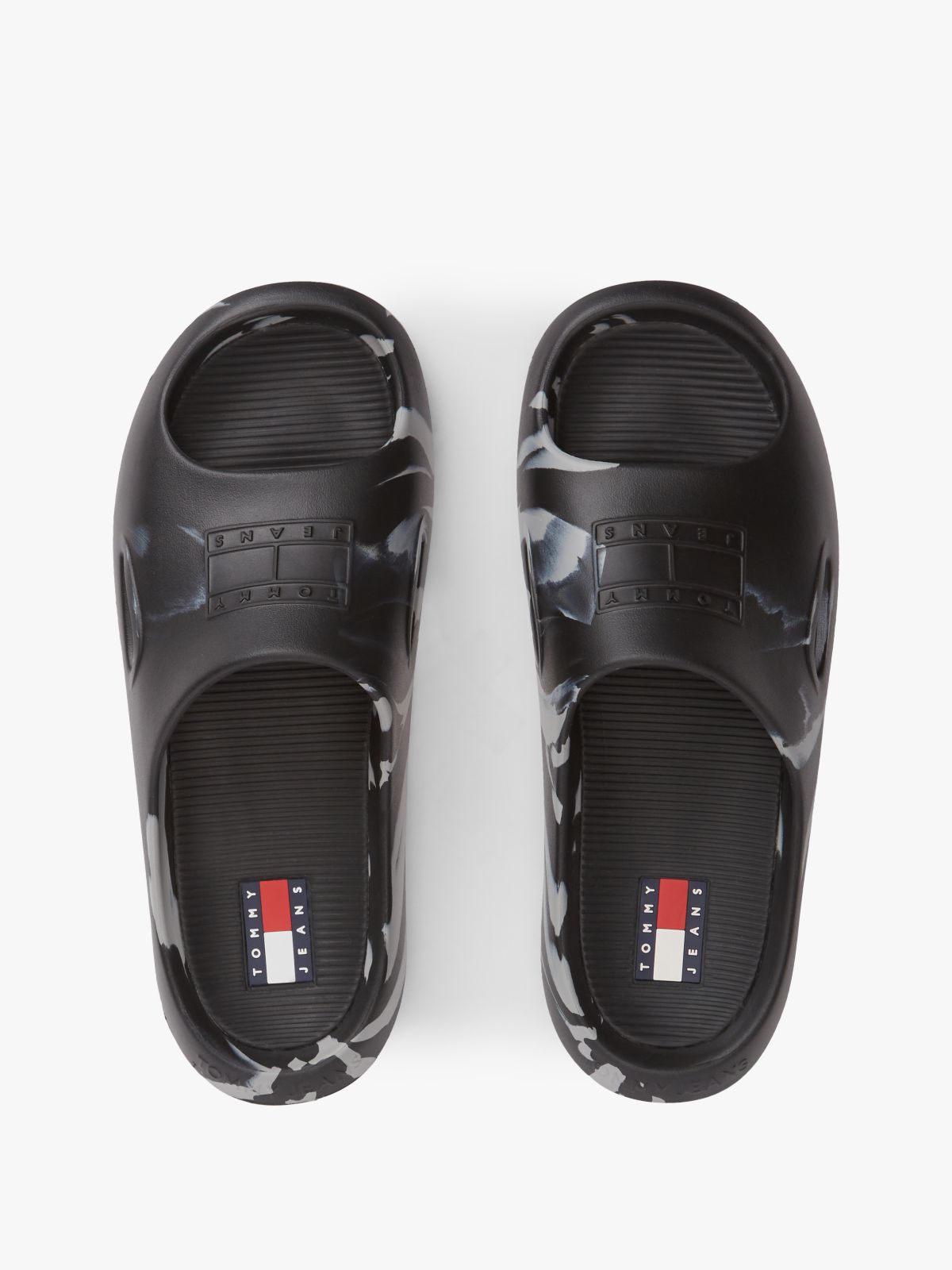 Embossed Fine Cleat Cutout Marbled Slides — Black