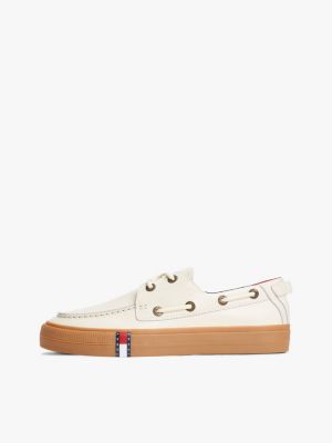beige archive flag stripe leather boat shoes for men tommy jeans
