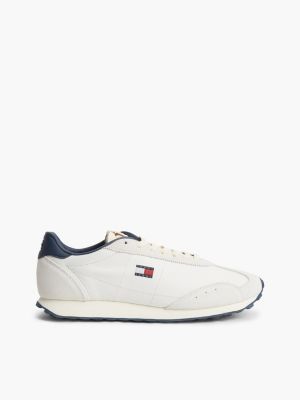 sneakers retro archive runner con pelle beige da uomini tommy jeans