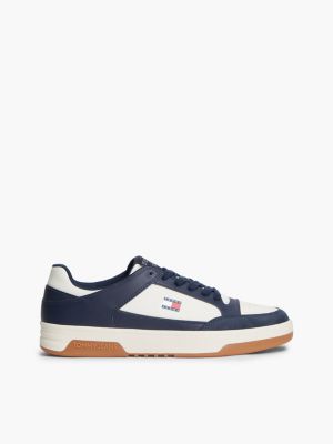 blue leather contrast texture basketball trainers for men tommy jeans
