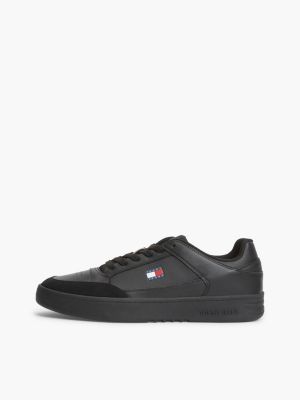 black leather mixed texture basketball trainers for men tommy jeans