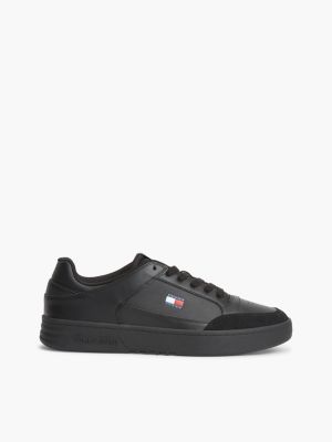 black leather mixed texture basketball trainers for men tommy jeans