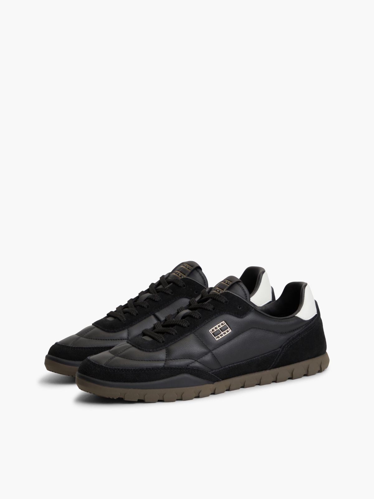 Leather Mixed Texture Low Profile Trainers — Black