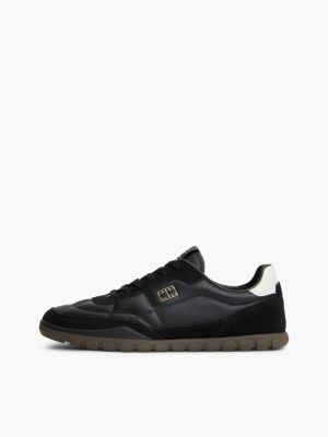 black leather mixed texture low profile trainers for men tommy jeans