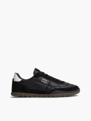black leather mixed texture low profile trainers for men tommy jeans
