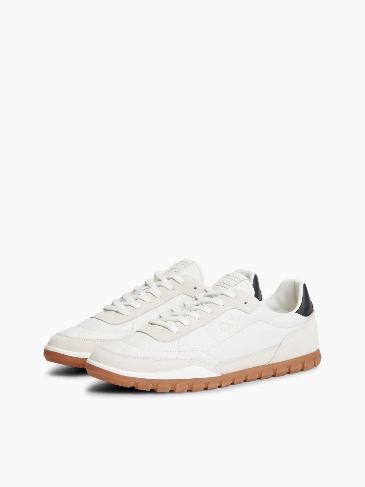 Leather Mixed Texture Low Profile Trainers — White