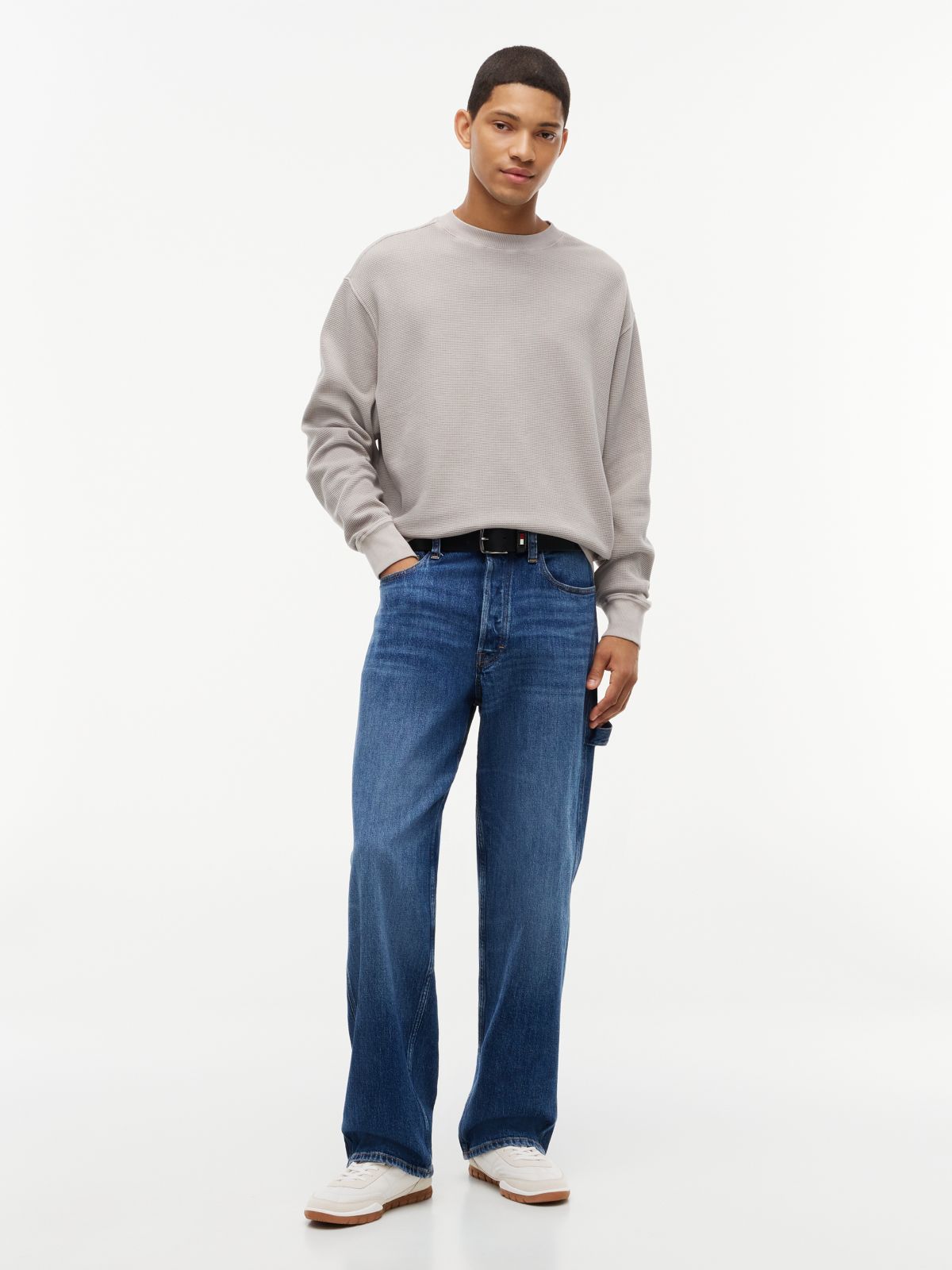 Leather Mixed Texture Low Profile Trainers — White