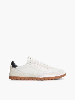 white skórzane niskie buty sportowe o mieszanej fakturze dla mężczyźni - tommy jeans