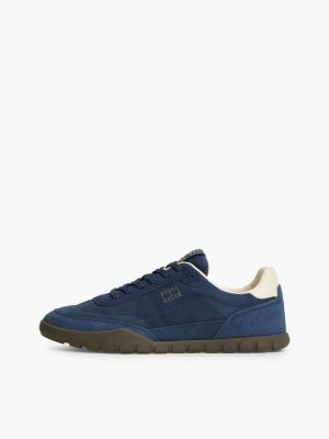 blue suede metallic logo low profile trainers for men tommy jeans