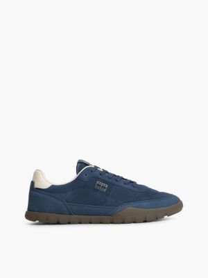 blue suede metallic logo low profile trainers for men tommy jeans