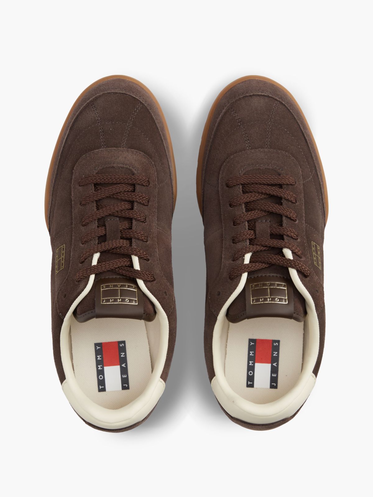 Suede Metallic Logo Low Profile Trainers — Brown