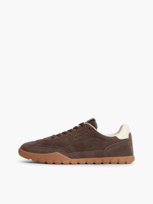 brown suede metallic logo low profile trainers for men tommy jeans