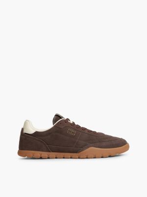 brown suede metallic logo low profile trainers for men tommy jeans