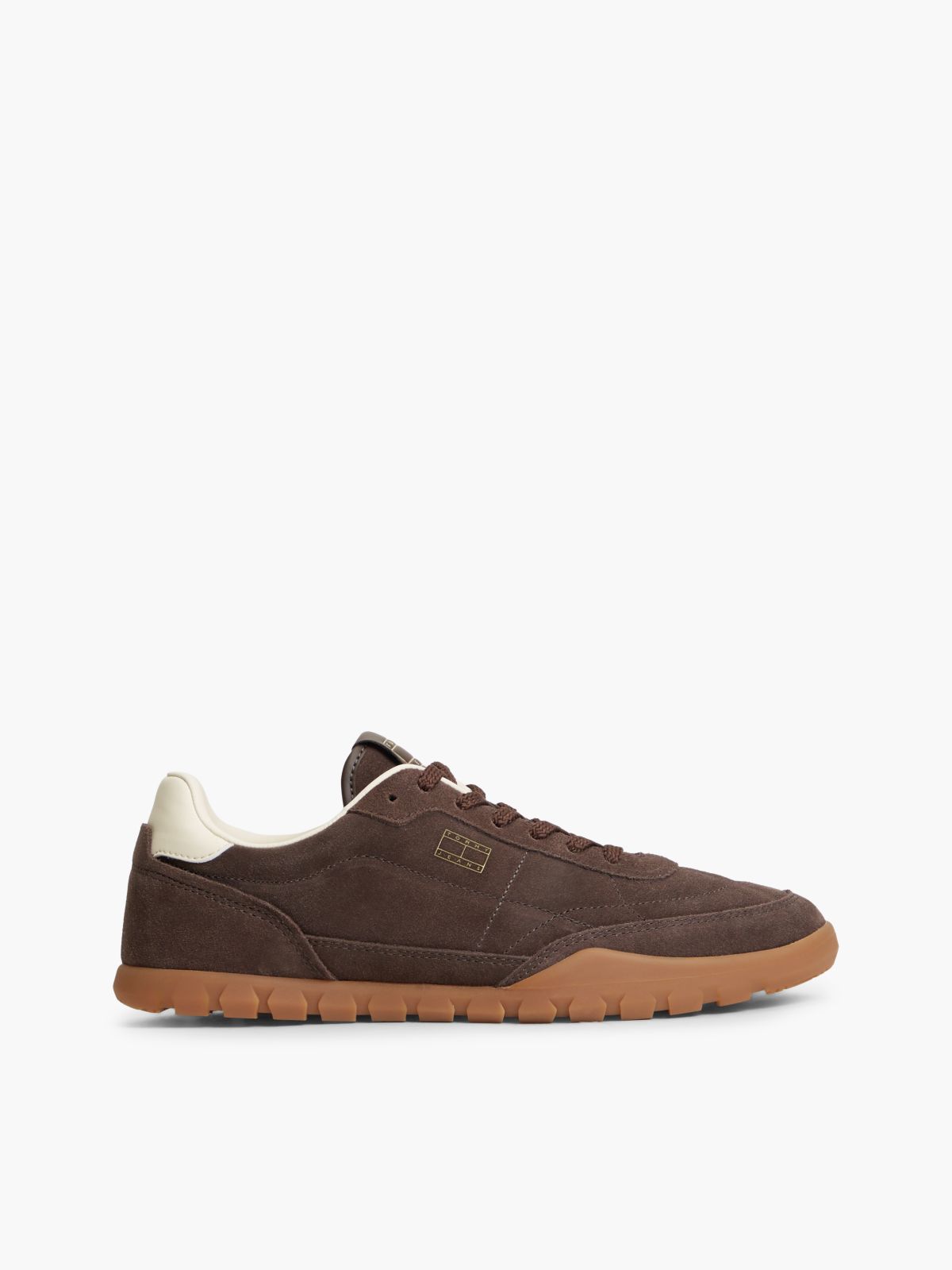 Suede Metallic Logo Low Profile Trainers — Brown