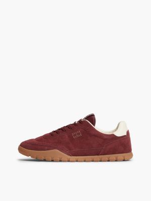 red suede metallic logo low profile trainers for men tommy jeans