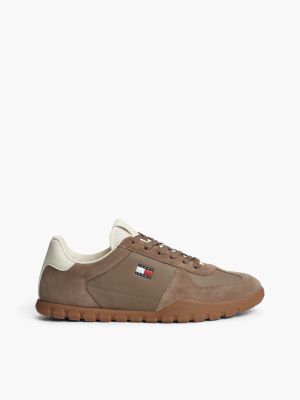baskets basses en cuir à semelle crantée khaki pour hommes tommy jeans