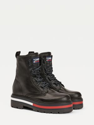Lace Up Flag Leather Boots | BLACK 