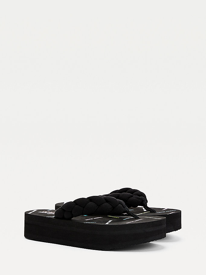 black braided platform flip-flops for women tommy jeans