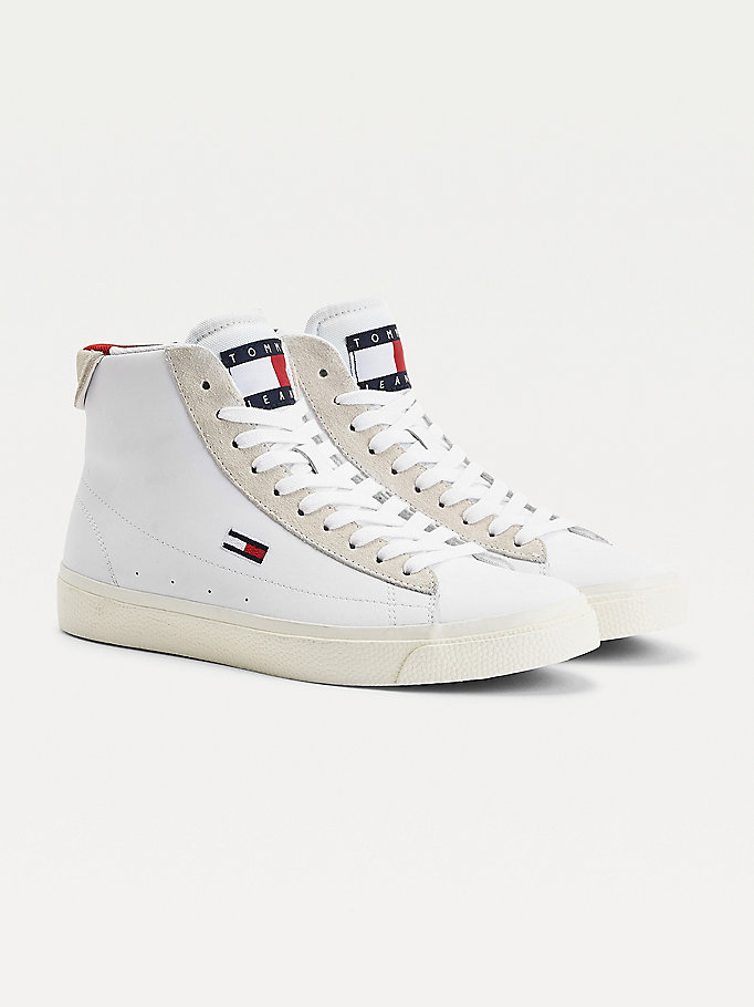 white leather vulcanised high-top trainers for women tommy jeans