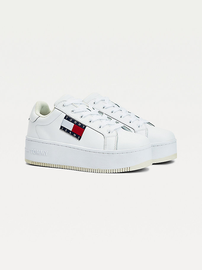 white tommy badge leather flatform trainers for women tommy jeans