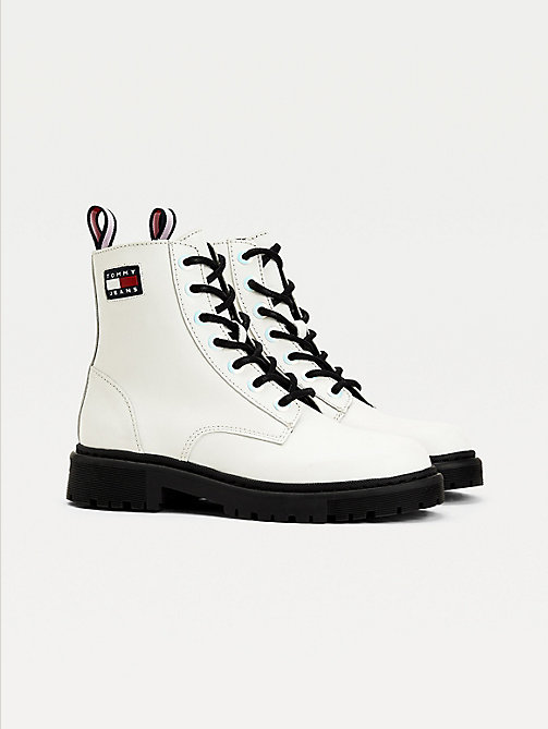 white tommy badge leather cleat boots for women tommy jeans