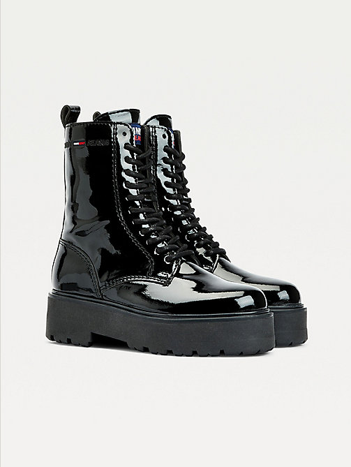 black vegan patent lace-up cleat boots for women tommy jeans