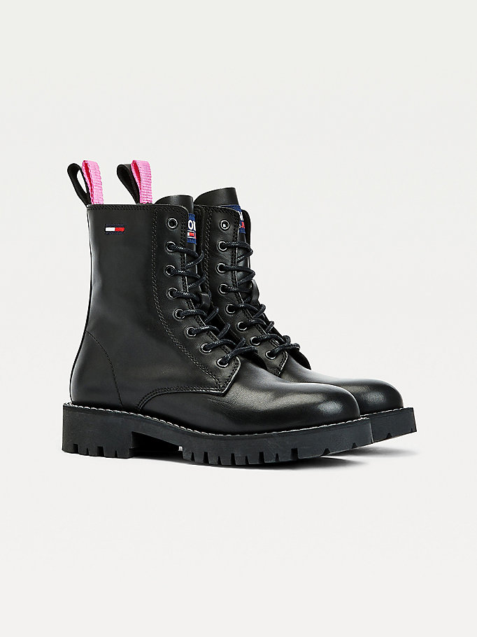 black leather lace-up cleat boots for women tommy jeans